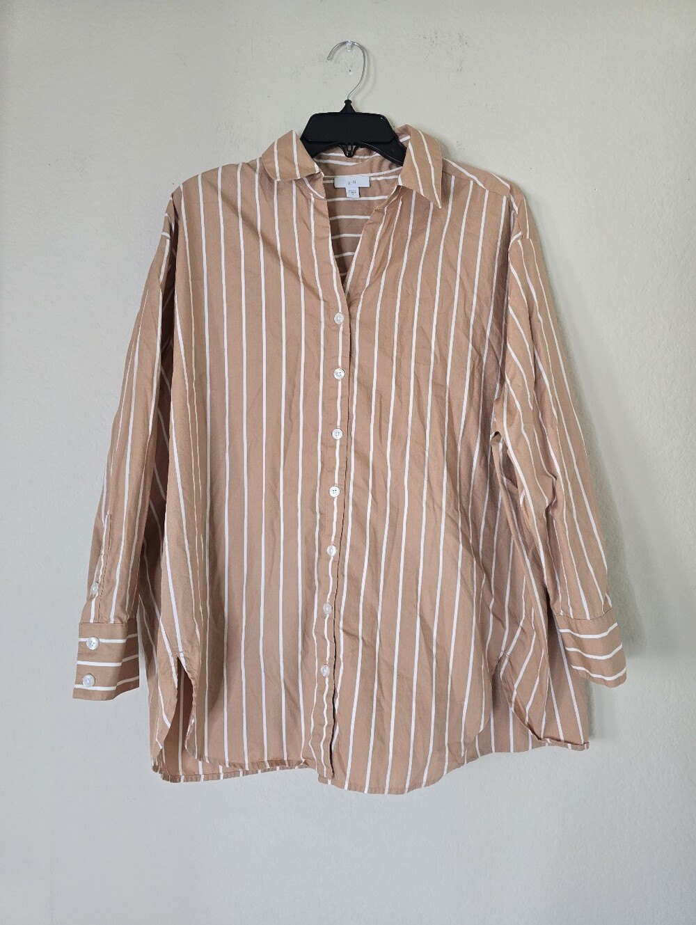 J. Jill Tan White Striped Oversized Cotton Button Up Shirt Size Medium